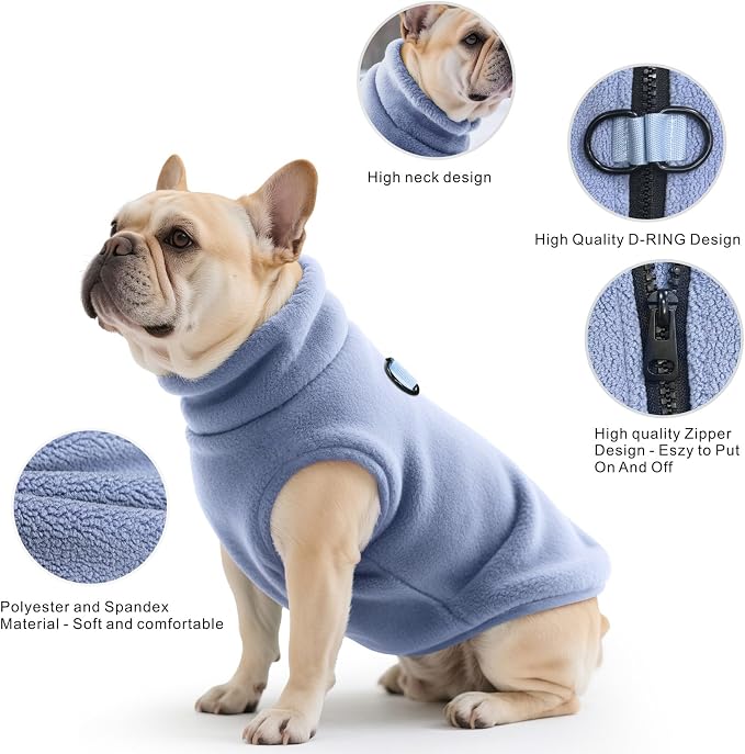 Idepet Dog Fleece Vest Sweater Zip Up Warm Pullover Dogs Jacket with D-Ring Leash Winter Cold Weater Coat Pet Sweatershirt Clothes Hoodie for Small Medium Dogs Boy Girl(Sky Blue,XXL)