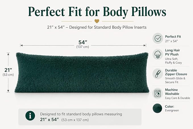 REAFORT PV Faux Fur Body Pillow Cover 21"x54", Hidden Zipper (Evergreen) | Ultra-soft long hair faux fur with a hidden zipper offers luxurious comfort and is machine washable for easy care.