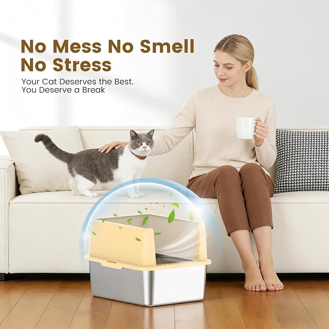 Stainless Steel Small Cat Litter Box, 11.8" High Sides, Low Entry | Non-Stick Surface for Easy Scooping, Odor-Resistant Stainless Steel, Anti-Leak Design, Compact Size for Small Spaces