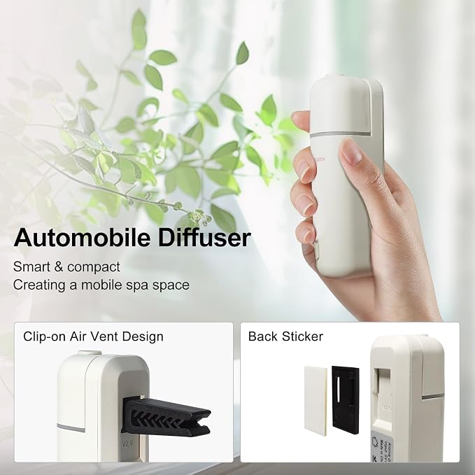 Car Diffuser, Motion Sensor Waterless Essential Oil Diffuser for Car USB Rechargeable with 6 Refill Scents（Hilton/Sandwood/WhiteTea/Diamond/GreenBamboo/Pachuli