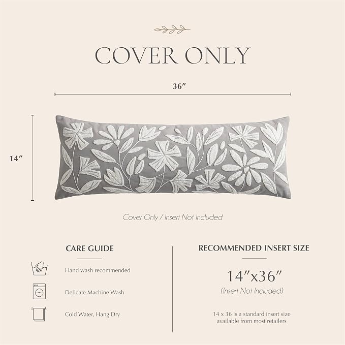 Long Lumbar Pillow Cover 14x36 for Bed, Light Gray Floral Tufted Velvet Accent Oversize Throw Pillowcase for Bedroom, Cover Only