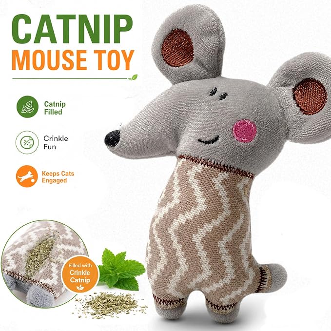 Cat Toys, Interactive Cat Toy for Indoor Cats, Soft and Durable Crinkle Sound Catnip Toys, Catnip Filled Mouse Cat Teething Chew Toy (Pack of 12) (002, Large)