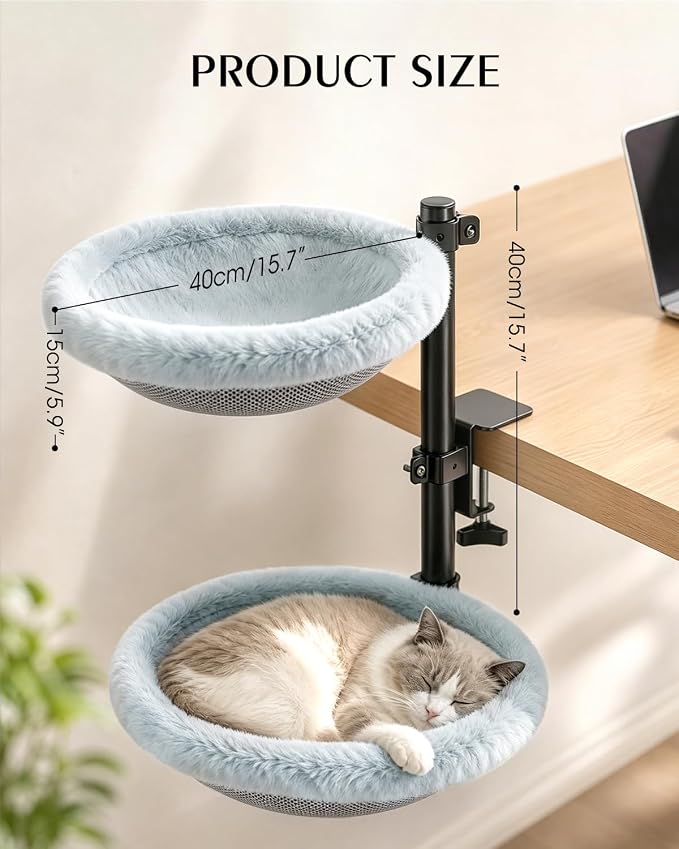 Double Cat Desk Bed, Lockable 360° Swivel, Steel Frame, 15.7-Inch | for Large Cats, Adjustable Clamp 0.5-3", Dual-Sided Cushion, 11-14" Height, No-Drill Mount, Machine Washable, Anti-Slip Base