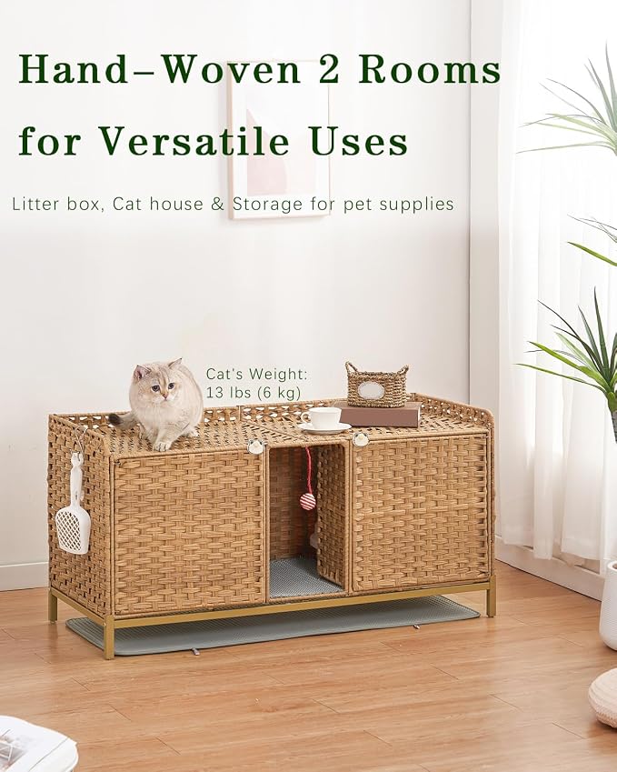 SETVSON Cat Litter Box Enclosure for 2 Cats, Hidden Cabinet, Natural | Handwoven PE Rattan with Double Mats, Spacious Double Room Kitty Furniture, 2 S-Hooks, 47.3x19.7x24 In Spacious & Versatile