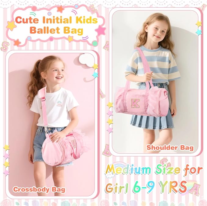 Personalized Initial Dance Bag for Girls 6-9, Medium Lace Gym Sport Yoga Cheer Dance Bags Gift for Teen Girls, Cute Letter Kids Ballet Bag Toddler Travel Duffel Tote with Adjustable Straps(Pink-K)