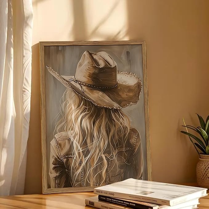 Vintage Western Cowgirl Wall Art, Country Girl Cowboy Wall Decor Painting, Girly Southwestern Poster Canvas Prints for Living Room Bedroom Farmhouse 16x24 inch Wood Framed