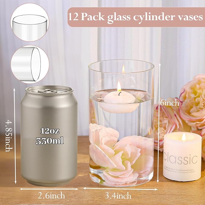 12pcs 6 Inch Clear Glass Cylinder Vases for Centerpieces | Flower Vases for Wedding, Home & Party Decor, Hurricane Floating Candle Holders for Table & Shelf