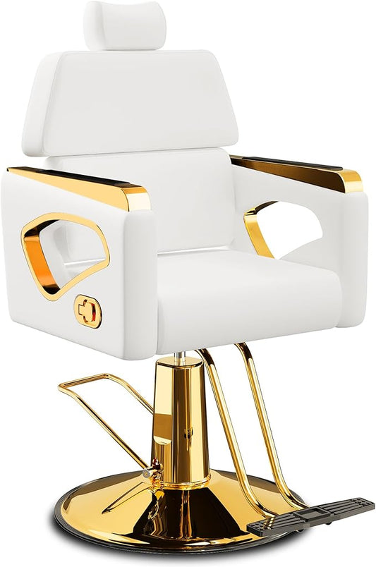 Baasha Reclining Salon Chair for Hair Stylist, All-Purpose Barber Chair with Heavy-Duty Hydraulic Pump, 360° Swivel Design, Removable Headrest, 440 lbs Capacity - White