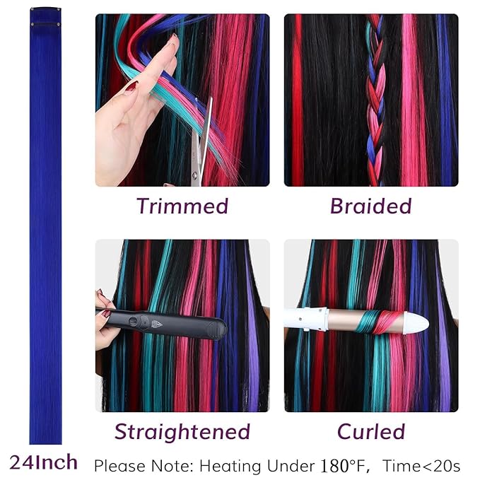 IDN BEAUTY Colored Clip in Hair Extension, 12PCS Blue 24Inch Invisible Clip Straight Synthetic Hair Pieces for Women, Hair Accessories for Party Cosplay Travel Birthday
