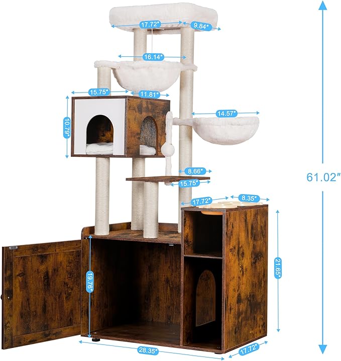 Hey-brother Cat Tree Tower, Wooden Litter Box Enclosure and Condo, MPJ115SR