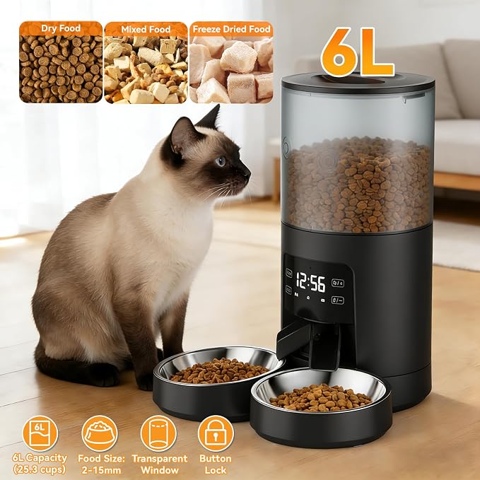 NEWBULIG Automatic Cat Feeder for 2 Cats, 6L Timed Pet Feeders, Black | Dual Bowls, 25.3 Cups, 10s Voice Recorder, Dog Food Dispenser for Dry Food, 6 Meals/Day, 50 Portions/Meal, Dual Power Supply