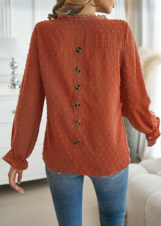 Womens Boho Tops Long Sleeve Shirts For Women Cute Crewneck Blouse Dressy Casual Swiss Dot Crochet Hollow Top 2026