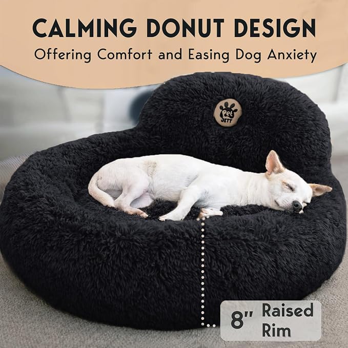 PetJett Calming Dog Bed Medium Size Dog - 30'' Donut Bed, Anti-Slip & Washable Super Soft Fluffy Plush Round Bed, Anti-Anxiety Premium Comfort Pet Bed, Fits Dogs up to 45 lbs - Black