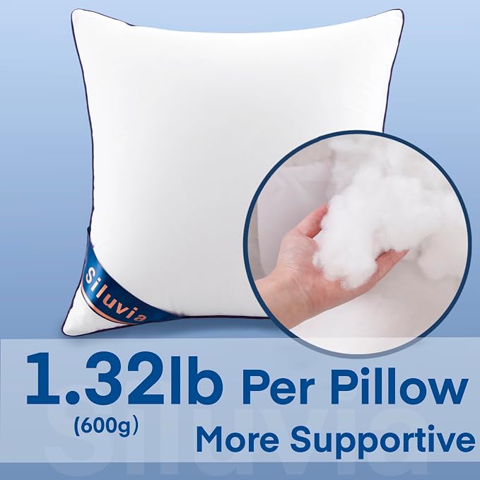 Siluvia 18"x18" Pillow Inserts Set of 2 Decorative Square Throw 18" Pillows with 100% Cotton Cover for Sofa, Couch, and Bed - White | 100% Premium Polyester Fill, Fluffy & Soft with Comfy Support - White Decorative Cushion Inserts for Couch, Sofa & Bed