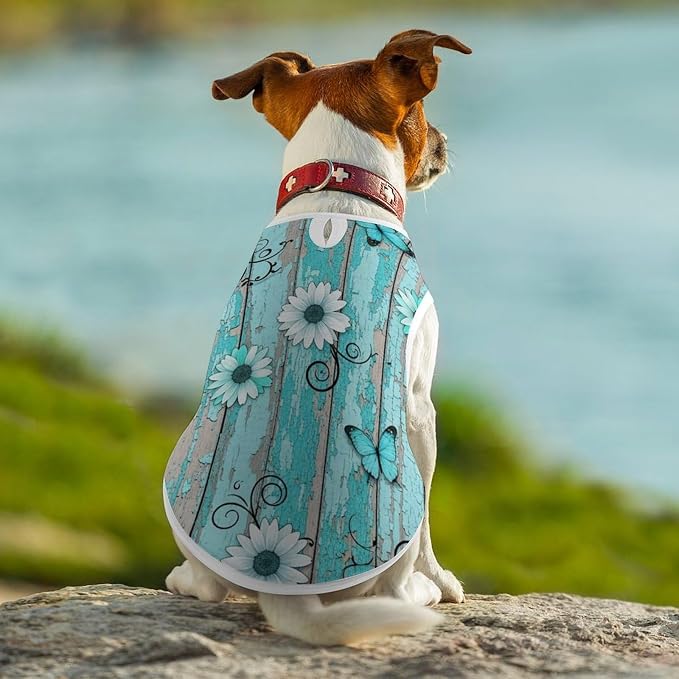 Cute Cat Shirt Soft Breathable Clothes Dog Tank Tops for Small Large Pet Rustic Teal Turquoise Daisy