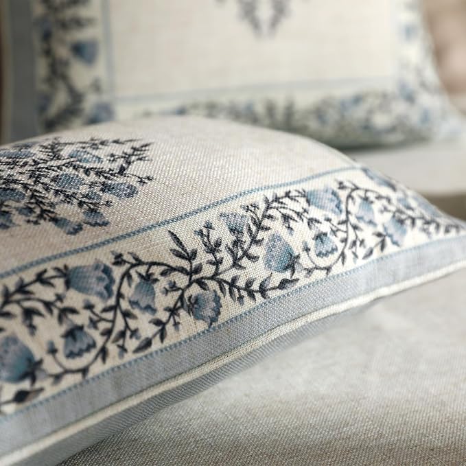 Designer Linen Throw Pillow Cover,Set of 2,20"x12"-Segerman A | Elegant Chinoiserie Rectangle Pillow Cover,Concealed Zipper Design,Floral Pattern,Sofas,Bedroom,Living Room,Lounge Chairs