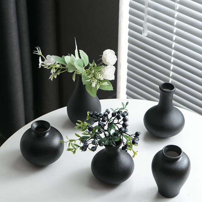 Tanvecle Small Black Vases, Ceramic Bud Vase Set 5, Modern Home Decor | Mini pottery vases for pampas grass, flowers, minimalist home decor, wedding centerpiece for dining table living room shelf