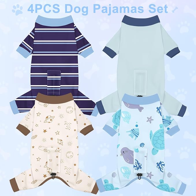 Bienbee Dog Pajamas, 4 Pack Adjustable Onesies for Small to Large Dogs L | Dog Shedding Suit with Soft Fabric, Breathable & Stretchy, and Adjustable Back Length for Sleeping Lounging and Daily Use