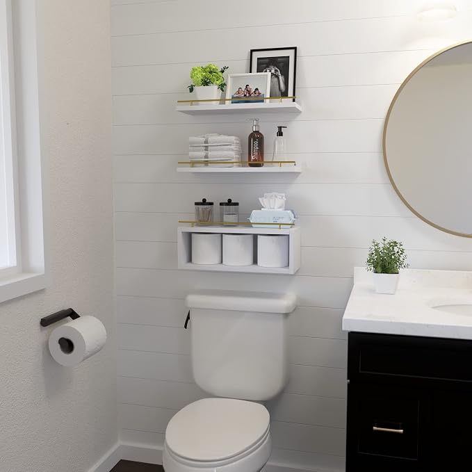 Floating Shelves for Wall with Cube Shelf, Wall Shelves with Metal Rail for Decor, Bathroom Organizers and Storage, Over Toilet Shelves for Bathroom, Toilet Paper-White&Gold
