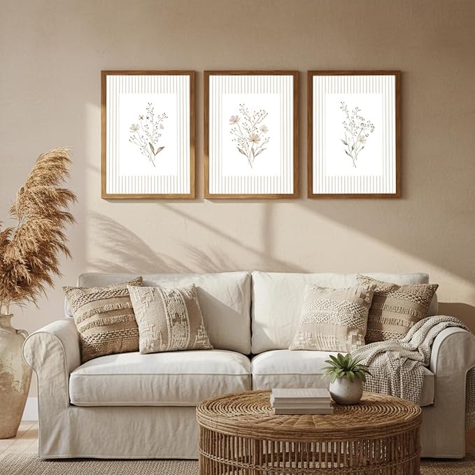Neutral Wildflower Wall Art Set of 3, Vintage Flower Botanical Wall Decor Canvas Prints Pictures, Rustic Cottagecore Striped Floral Painting for Living Room Bedroom 16x24 Inch Wood Framed
