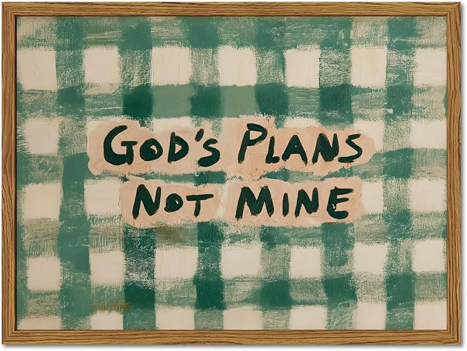Framed God's Plans Not Mine Canvas Wall Art, Inspirational Faith Quote Pictures Wall Decor, Green Gingham Paintings Prints Christian Home Decor for Living Room Bedroom Dorm Office 16x24 inch