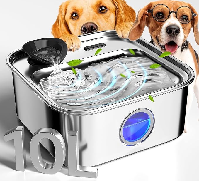 oneisall 10L/2.6Gal Dog Water Fountain for Large Dogs (with 2 Filters) | Deeper & Wider Drinking Area, Visualization Window & Triple Filtration,304 Stainless Steel Dog Water Bowl Dispenser