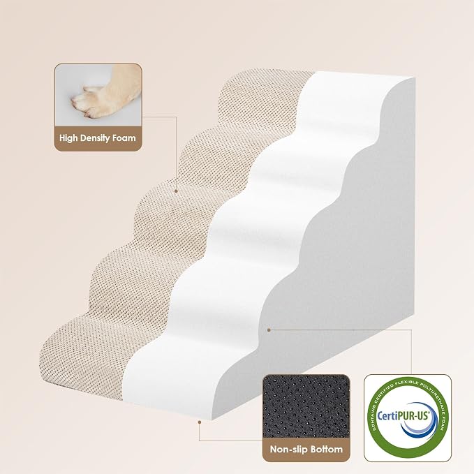 EHEYCIGA Curved Dog Stairs Ramp, 5-Step Extra Wide High Beds, Pet Step | 33D density of pure foam, for Small Dogs and Cats, Pet Stairs for High Bed Climbing, Non-Slip Balanced Indoor, Beige