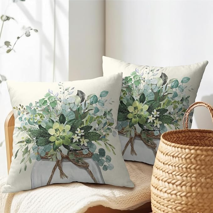 Kawani Eucalyptus Green Leaves Pillow Covers 18x18 Inch Set of 2 Greenery Plants Leaf Mason Jar Pillowcase Cotton Linen Square Cushion Case for Home Sofa Couch Farmhouse Decoration