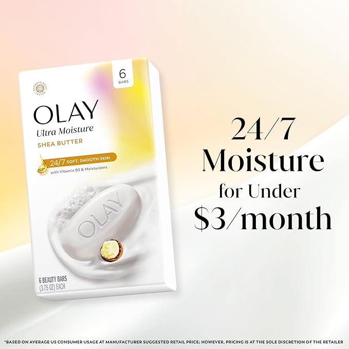 Olay Beauty Bar, Ultra Moisture,10x More Moisturizers, 24/7 Soft & Smooth Skin, Gentle Cleanse on Face & Body, Vitamin B3 Complex, For All Skin Types, Shea Butter Scent, 3.75 oz, (Pack of 6)