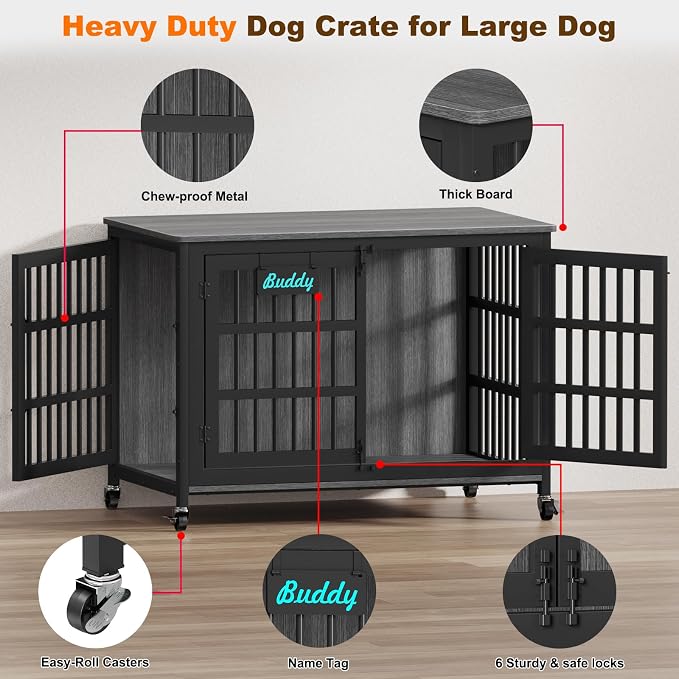 EasyCom 46"/42"/33" XXL Heavy Duty Dog Crate Furniture with Casters | Dog Kennel Indoor with Name Tag, Escape-Proof and Chew-Proof Dog Cage for Large High Anxiety Dog, as End Table