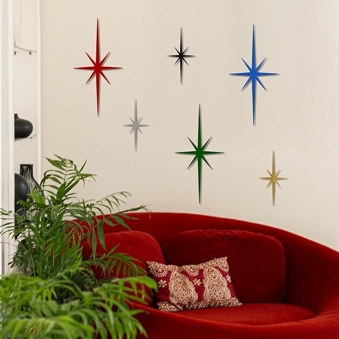4 Pcs Star Wall Art for Home Decor Living Room Bedroom Office Metal 3D,Bling,with Hanging Hook Starburst Midcentury Sculpture Retro Gallery Accent Celestial -Gold 16.5in/9.4in