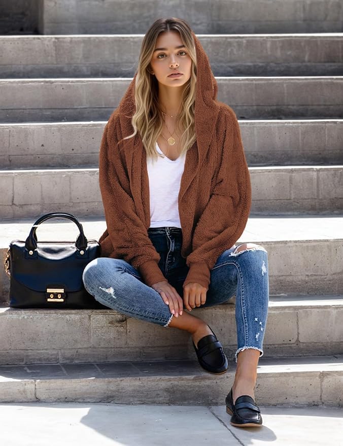 Zilcremo Women Hooded Cardigan Fuzzy Jacket Winter Open Front Fleece Coat Outwear with Pockets