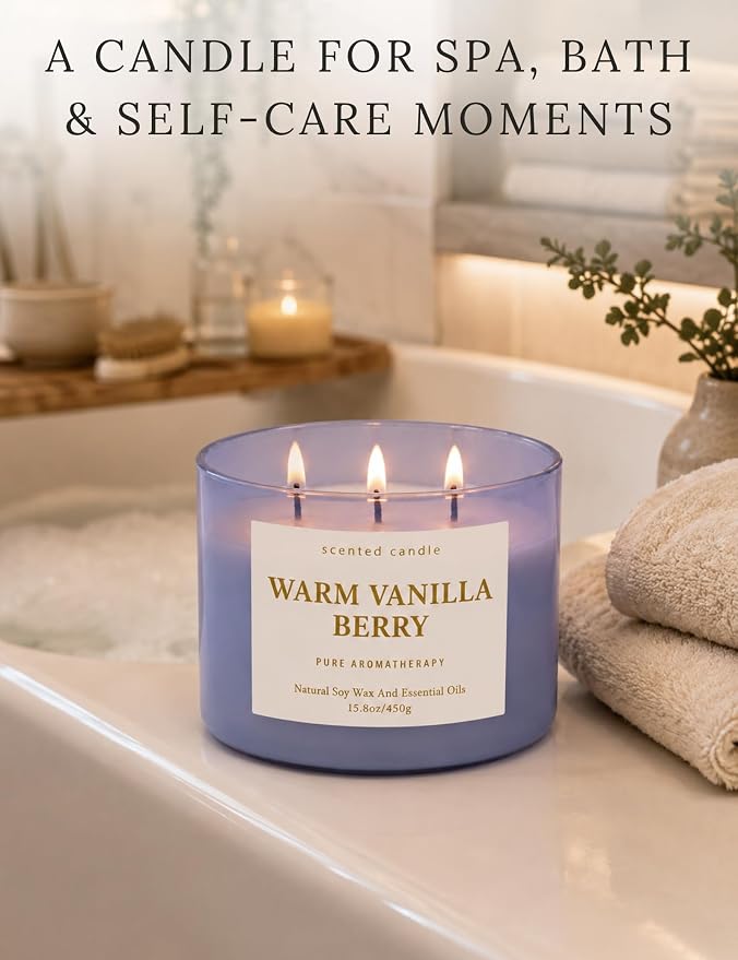 Warm Vanilla Berry 3-Wick Soy Candle, 15.8 oz Scented Candle for Home | Strawberry, Raspberry & Spice, Aromatherapy Relaxing, Highly Scented, Clean Burn, Summer & Fall Candle, Gift for Women & Men