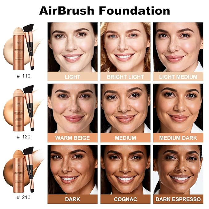 Magic Minerals AirBrush Foundation with Nanoscale Powder - HECI BEAUTY Flawless Finish Makeup,Silk Airbrush Spray & Kabuki Brush - Anti-Aging Ingredients for Smooth Radiant Skin,210 Tan,1.69 Fl Oz