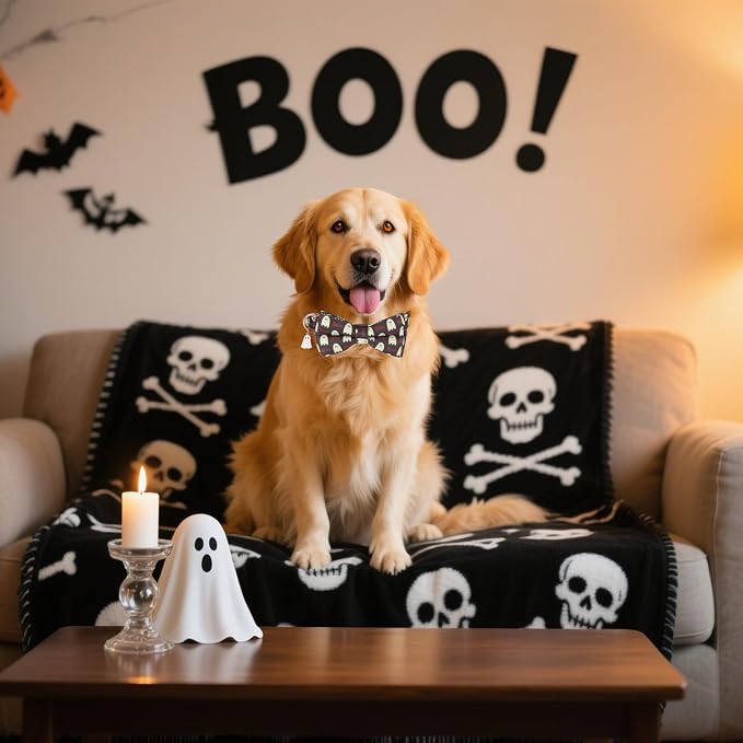 ADOGGYGO Halloween Dog Collar with Bow, Ghost Dog Bow Tie Collar, X-Large