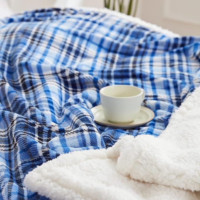 Sherpa Plaid Throw Blanket(60" X 70", Plaid Blue), Fuzzy Fluffy Cozy Soft Blanket, Fleece Flannel Plush Twin Size Microfiber Blanket for Couch Bed Sofa
