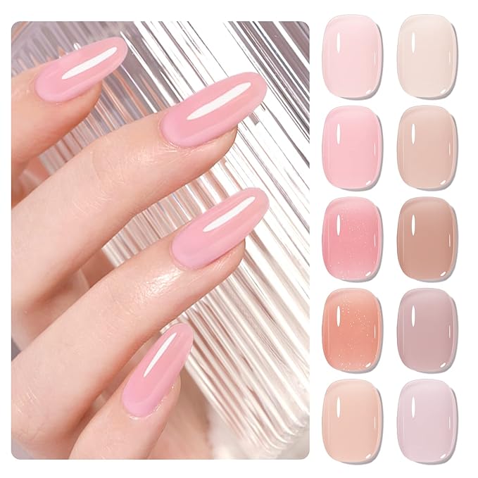 Jelly Pink Gel Nail Polish Set of 10 Colors Nude Gel Polish Kit UV LED Soak Off Nail Polish Gel Home DIY Manicure Nail Art Salon Varnish