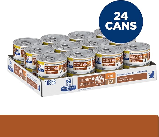 Hill's Prescription Diet k/d Kidney Care + j/d Mobility Care Wet Cat Food | #1 Veterinarian Recommended, Chicken & Vegetable Stew, 2.9 oz. Cans, 24-Pack