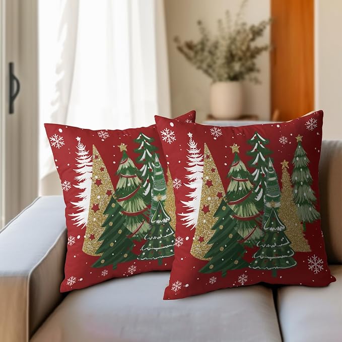 Kawani Christmas Red Throw Pillow Covers 20x20 Inches, Set of 2 Gold Green Xmas Trees Holiday Decor Square Pillowcase Cotton Linen Cushion Covers for Sofa Living Room Couch Bedding