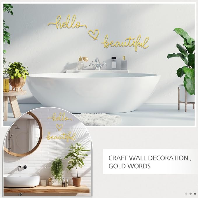 Hicarer Metal Hello Gorgeous Wall Art Minimalist Wall Decor,Gold,Beautiful | for Bedroom Bathroom Living Room Dressing Room Salon Vanity Office Home Decoration, Easy to Install