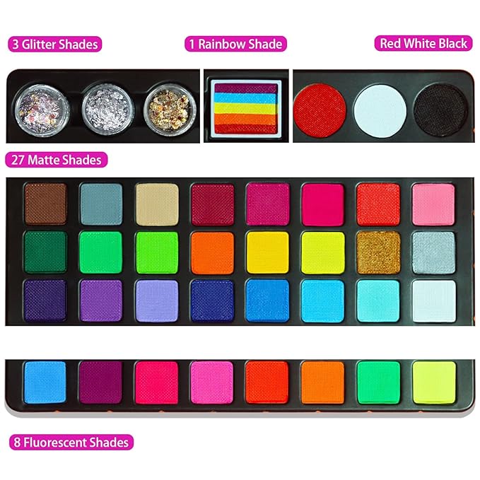 Face Painting Kit for Kids,39 Color Non Toxic Water Based Large Capacity Facepaint Kit,Face Paint Including 8 Fluorescent Color For Halloween,Cosplay,Parties,School Event,Stage,Carnival