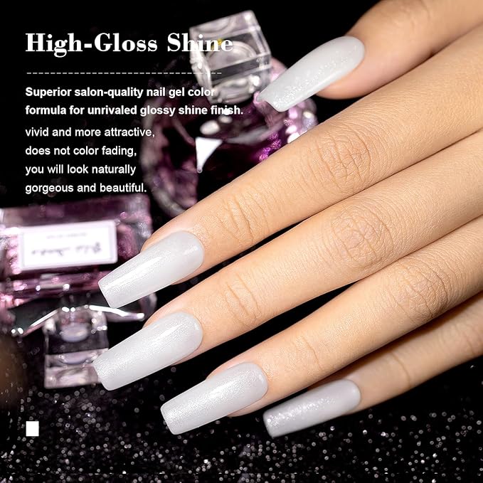 RARJSM Milky White Gel Nail Polish with Glitter Silver Shimmer Pigment Jelly Cream White Nude Gel Polish Neutral Color 15ml Sparkle Natural Color Soak off U V L E D Cured for Home Salon DIY Nail Art