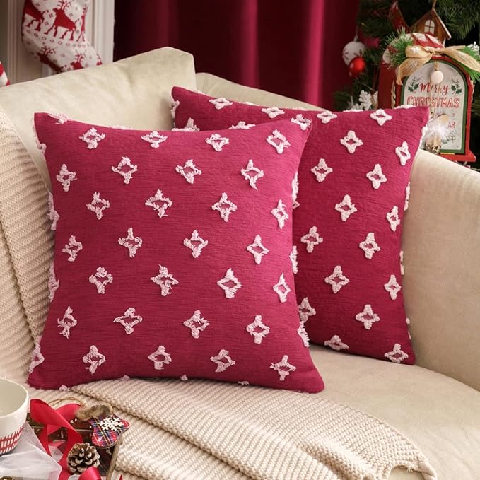 Pack of 2 Flower Tufted Throw Pillows Embroidered Flowers 3 Size and Color Options Come with Inserts (Red, 20"x20" with Insert)
