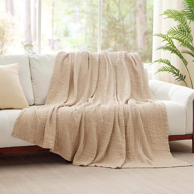 Cooling Throw Blanket Twin XL 66" x 90", 6 Layers Muslin Blankets 100% Cotton, Breathable and Lightweight Twin Blanket for Bed, Soft Bedspread, Gauze Bedding for All Season, Beige Linen