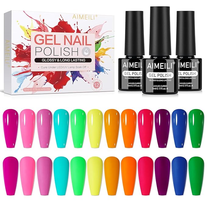 AIMEILI Neon Gel Nail Polish Set 12pcs, Hema Free, Cruelty Free, Vegan, Soak Off U V LED Nail Art Manicure Salon DIY for Women - Kit 35