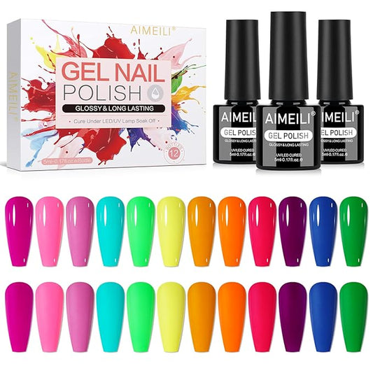 AIMEILI Neon Gel Nail Polish Set 12pcs, Hema Free, Cruelty Free, Vegan, Soak Off U V LED Nail Art Manicure Salon DIY for Women - Kit 35