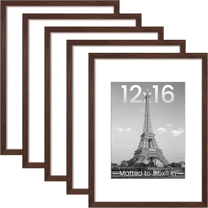 upsimples 12x16 Picture Frame, Gallery Wall Frames Set of 5, Brown | Poster Frame Collage Wall Decor, 8.5x11 Picture Frame with Mat for Family, Baby, Hallway, Christmas