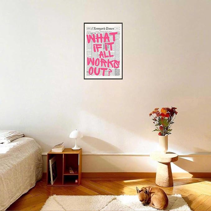 Drimiler Retro Newspaper Pink Font Poster What If It All Works Out Canvas Wall Art Positive Affirming Quote Minimalist Prints Painting For Home Bedroom Dorm Wall Decor 24x36in Framed