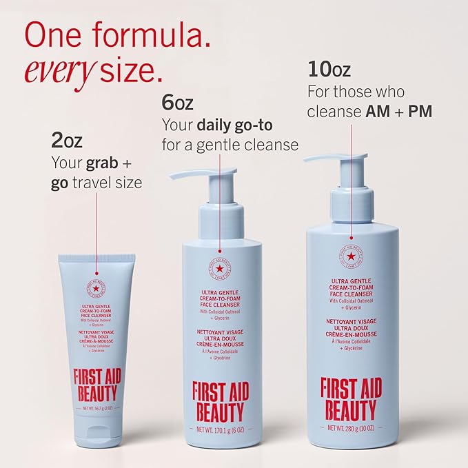 First Aid Beauty Ultra Gentle Cream-to-Foam Pure Facial Cleanser – Makeup Removing Face Cleanser - Face Wash with Colloidal Oatmeal & Glycerin, for Sensitive, Acne & Blemish-Prone Skin, 2 oz