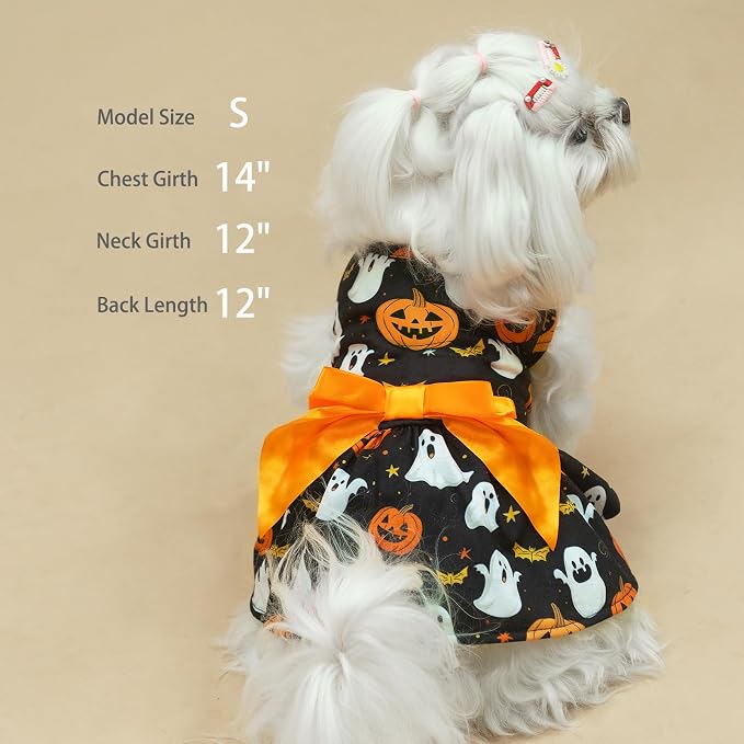 PUPTECK Print Dog Halloween Dress Pet Costumes Apparel with Cute Bowtie Puppy Clothes Outfit, Ghost, M